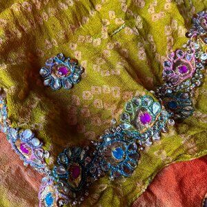 Orange, Green and Peach Chiffon Sari with Pink, Blue, Clear Rhinestone Border